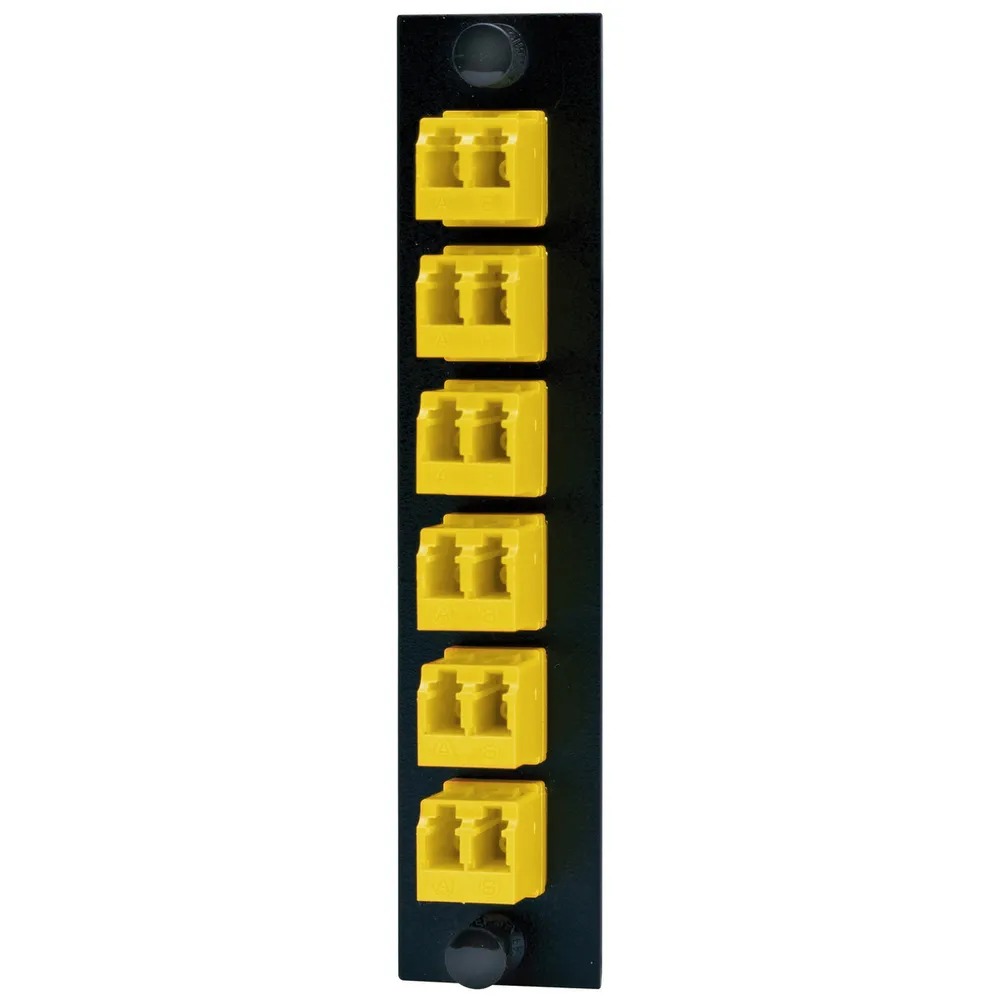 FSPLCDM6Y Loaded Standard Fiber Adapter Panel With (6) Adapters, LC Duplex End A, LC Duplex End B, (12) Multi-Mode Fiber